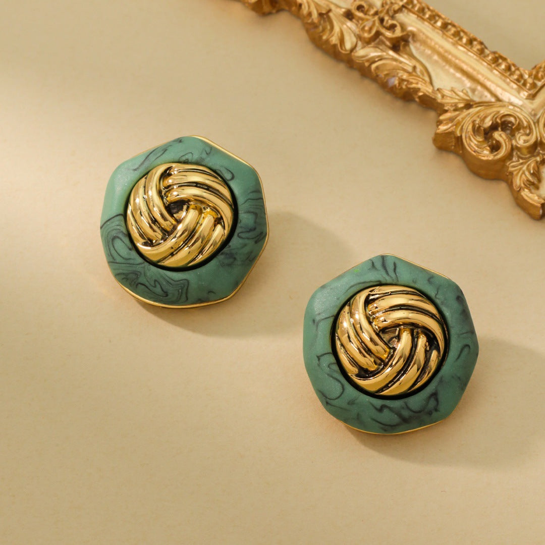 Vintage turquoise button earrings made of old gold three-dimensional silver needle earrings