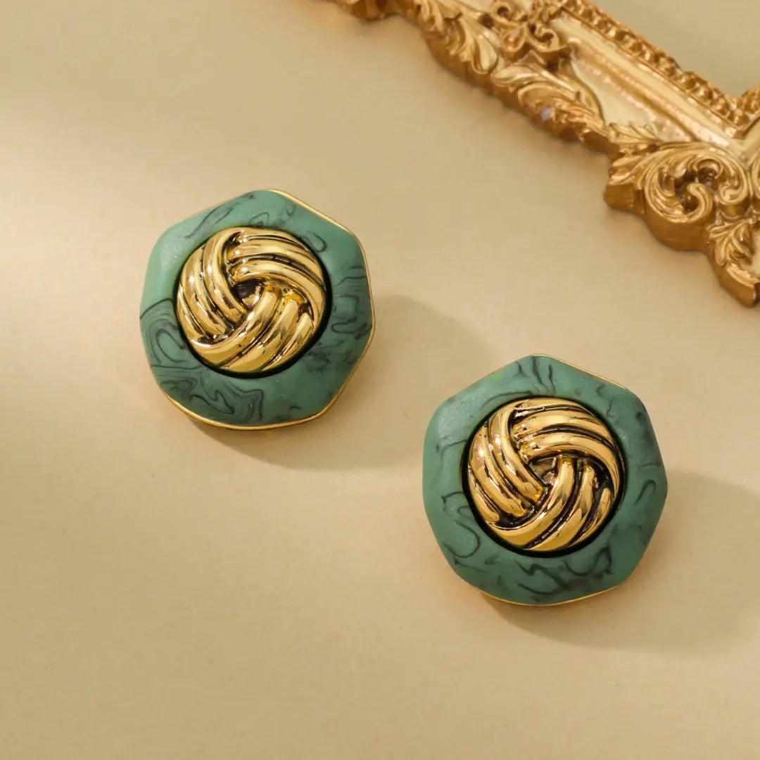 Boucles d'oreilles vintage à boutons turquoise en or ancien, boucles d'oreilles tridimensionnelles en argent