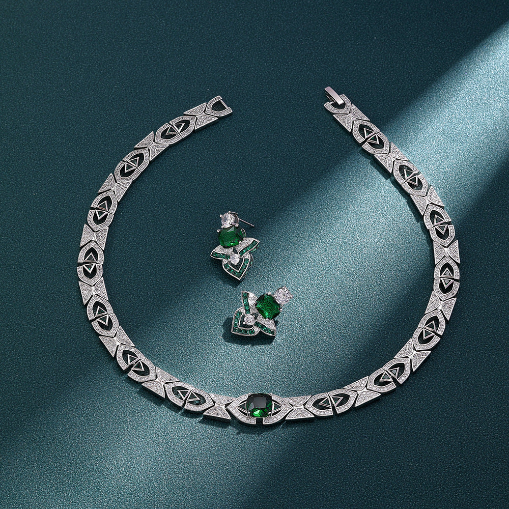 Luxury Green Crystal Geometric Necklace Set Silver Tone Statement Jewelry Set Earrings for Women