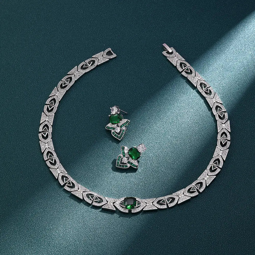 Luxury Green Crystal Geometric Necklace Set Silver Tone Statement Jewelry Set Earrings for Women