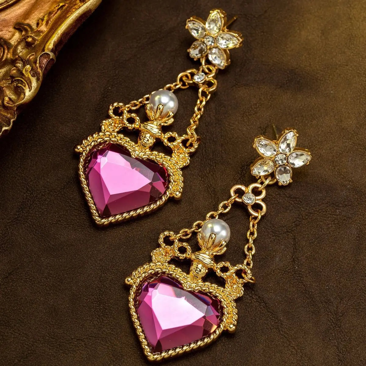 Boucles d'oreilles pendantes de luxe en cristal cœur rose et perles pour femmes