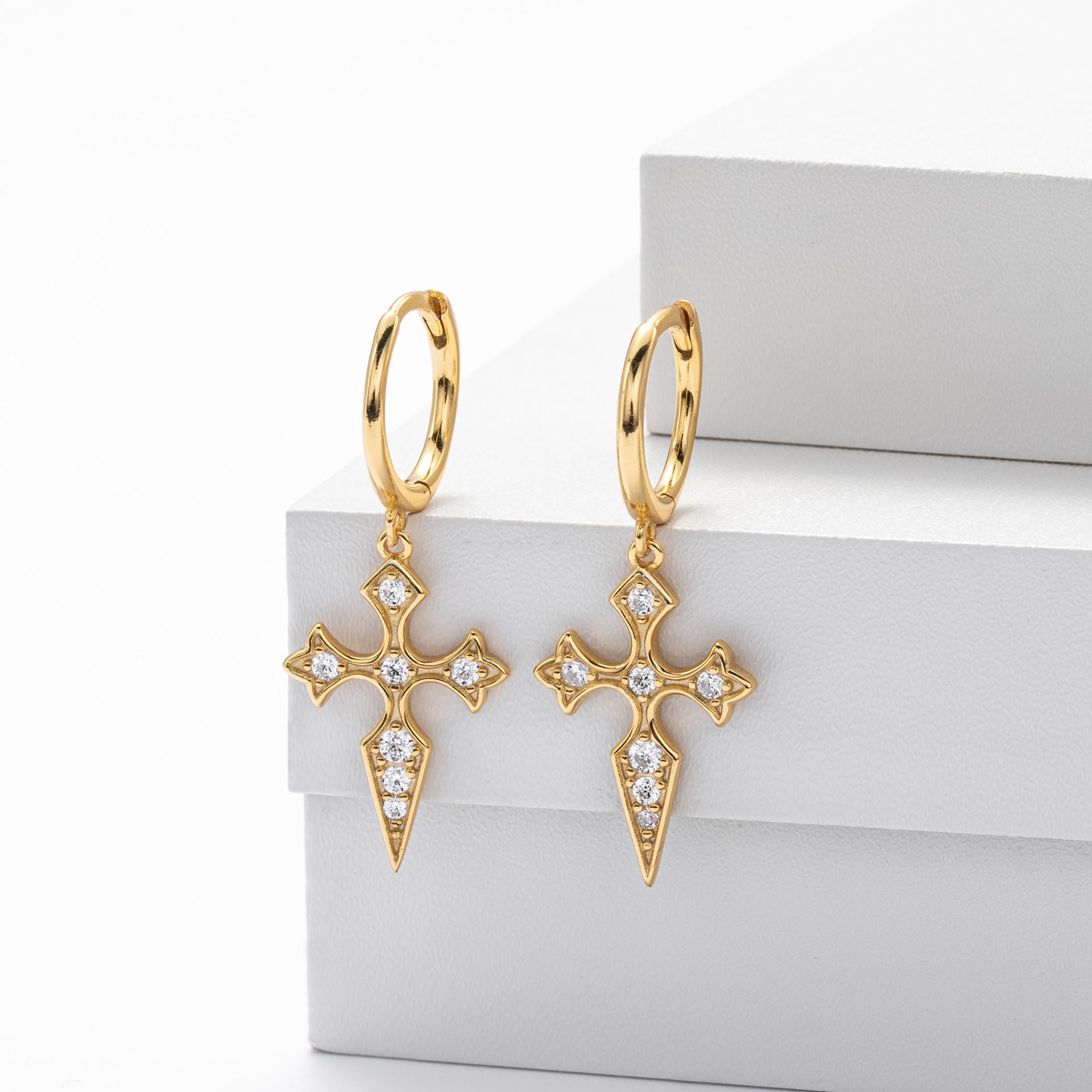 S925 sterling silver Baroque diamond studded cross earrings