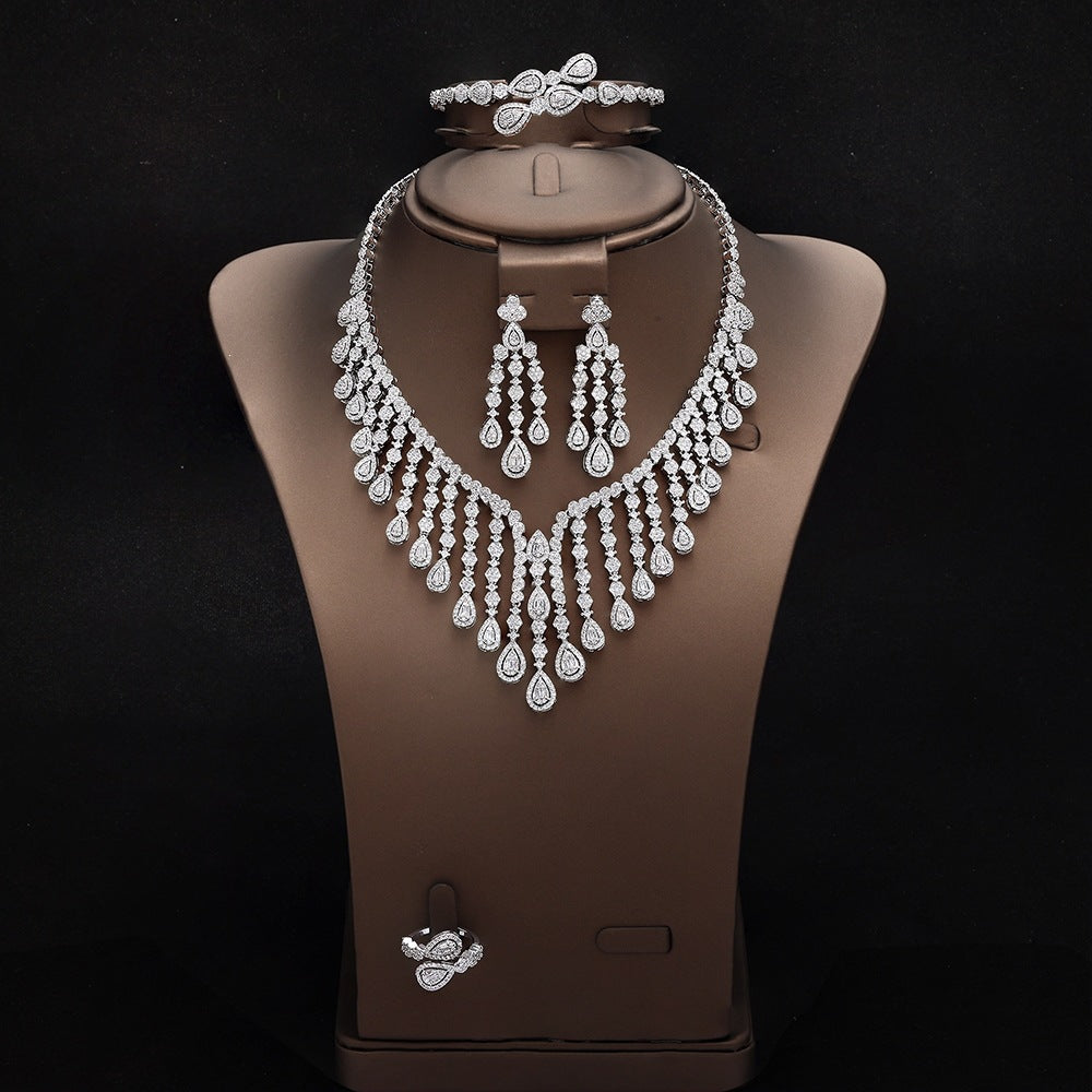 Luxury Silver Teardrop Jewelry Set – Necklace Earrings Bracelet Ring for Women