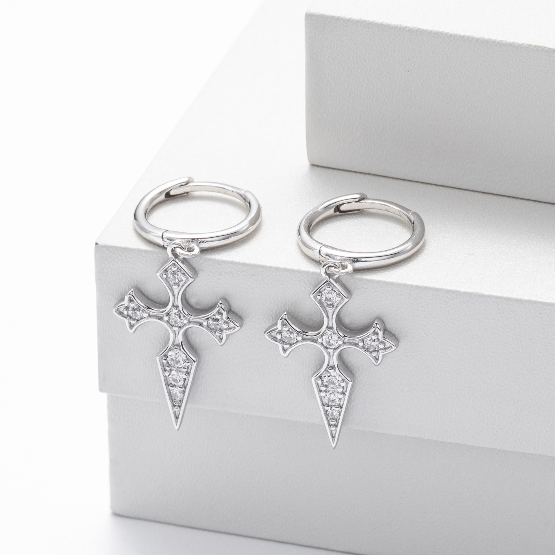 S925 sterling silver Baroque diamond studded cross earrings
