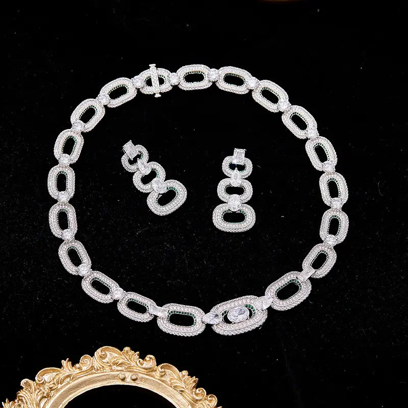 Luxury Oval Chain Diamond-Inspired Jewelry Set Necklace Earrings Elegant Statement Set for Women