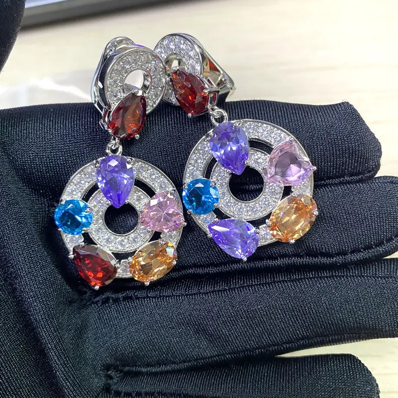 Boucles d'oreilles en opale plaqué or avec pierres précieuses colorées et mode