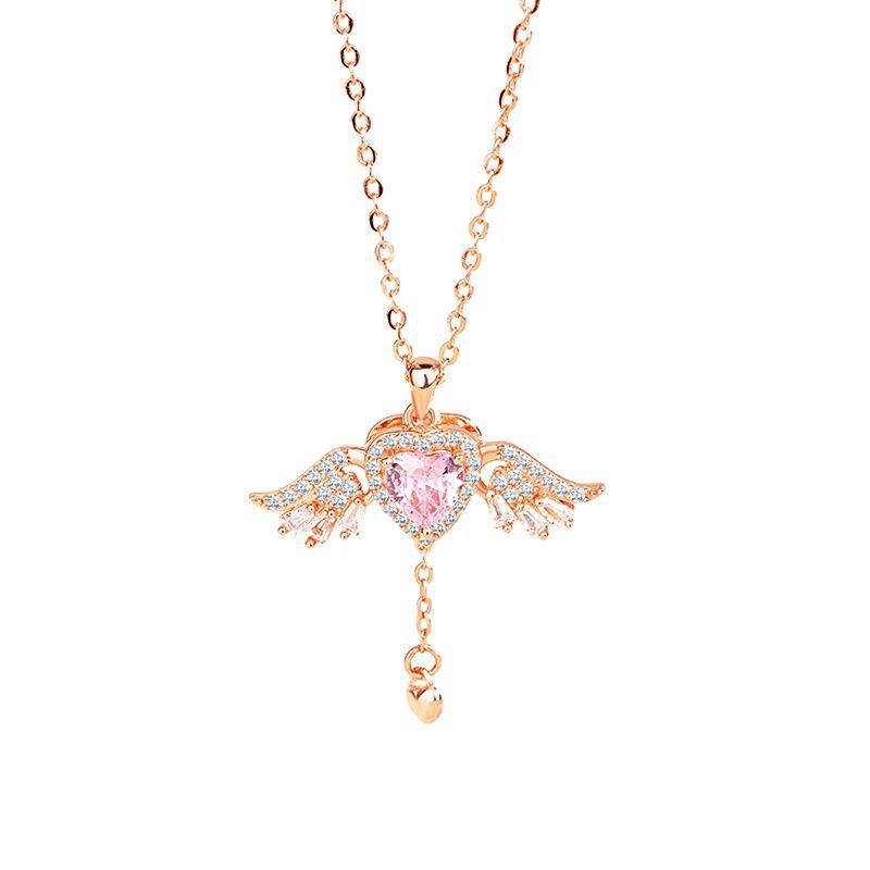 S925 Sterling Silver Pink Diamond Cupid Heart Necklace