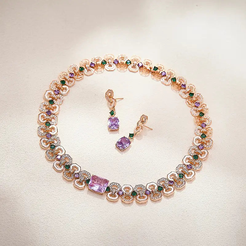 Luxury Rose Gold Geometric Crystal Necklace and Earrings Set for Women
