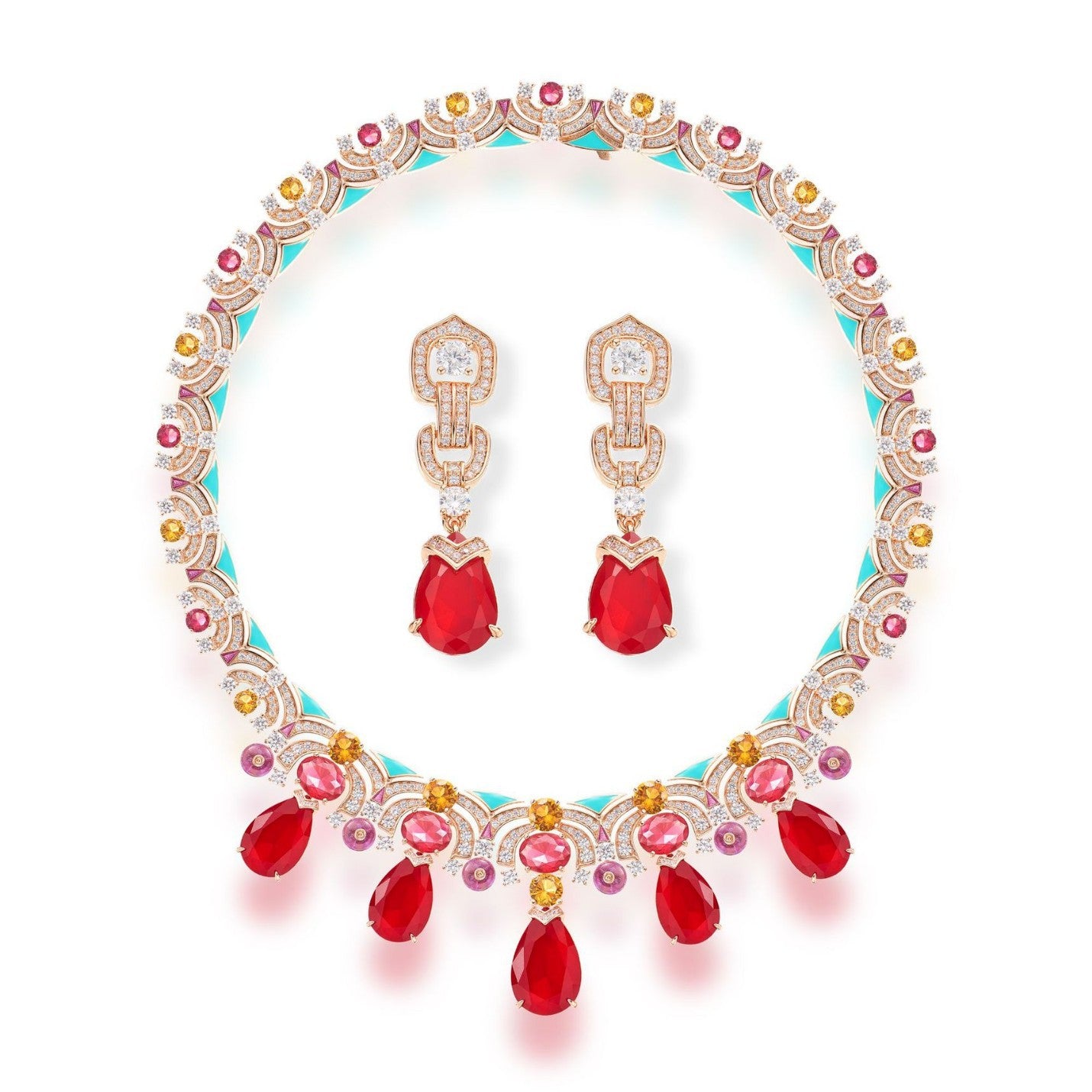 Luxury Red Crystal Teardrop Necklace Earrings Set – Vintage Statement Jewelry for Women