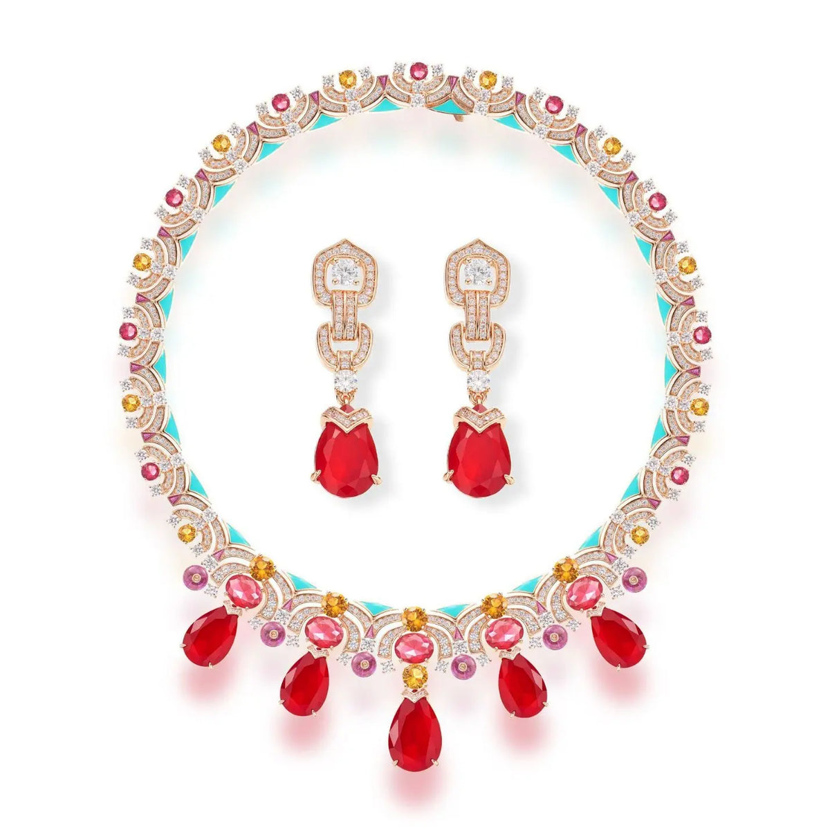 Luxury Red Crystal Teardrop Necklace Earrings Set – Vintage Statement Jewelry for Women