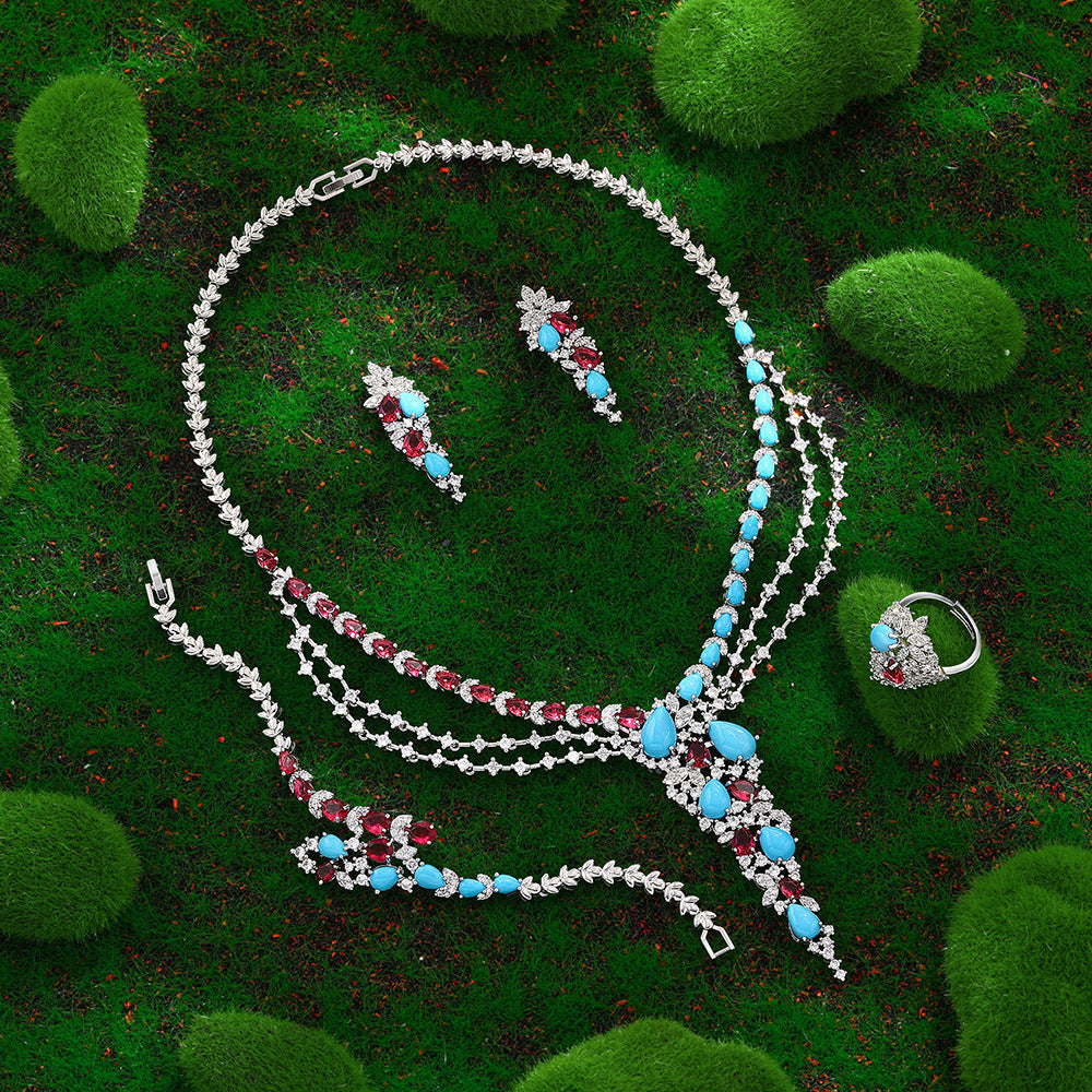 Luxury Blue Red Crystal Jewelry Set Multilayer Necklace Earrings Ring Bracelet Bridal Statement Set for Women