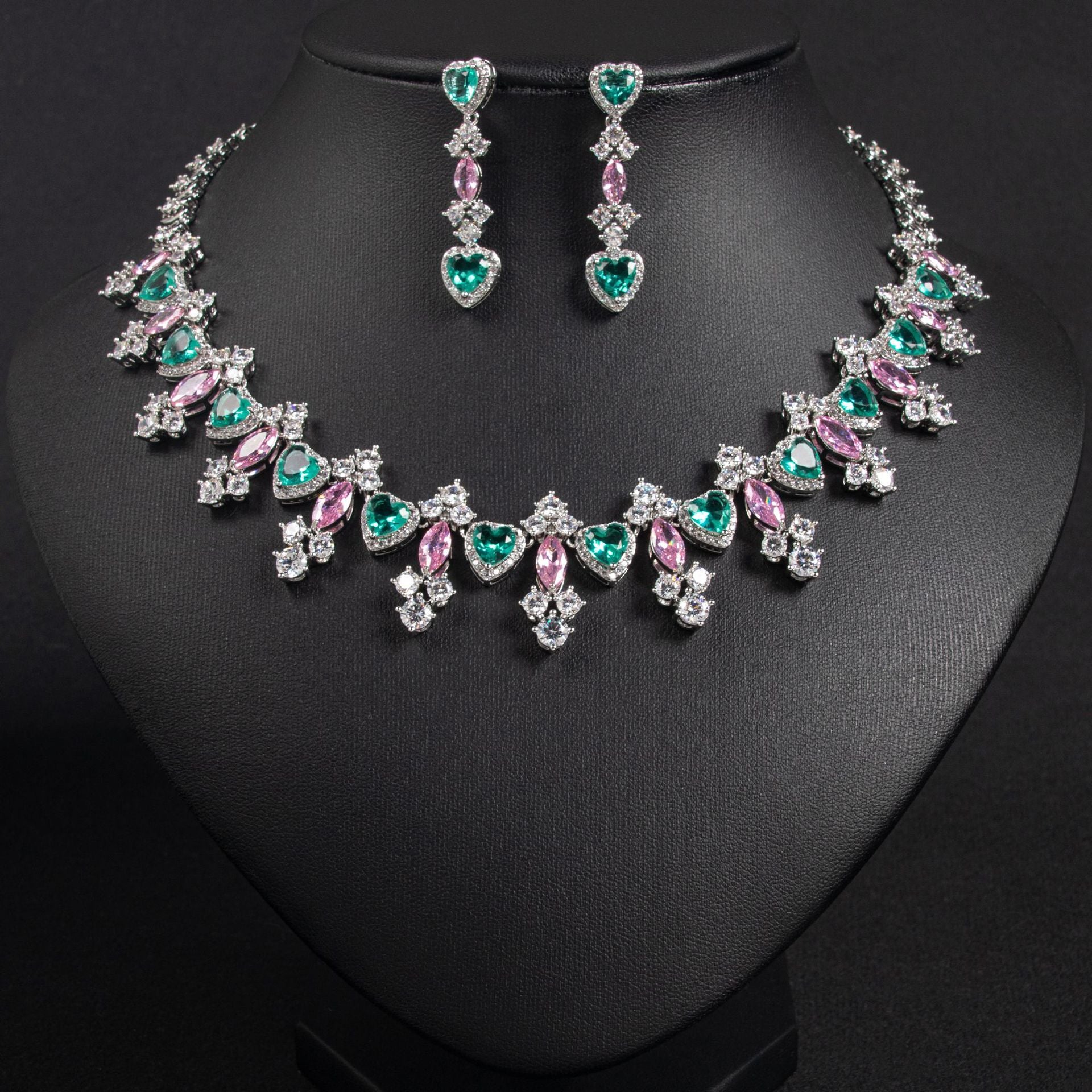 Luxury Emerald Pink Crystal Necklace and Earrings Jewelry Set