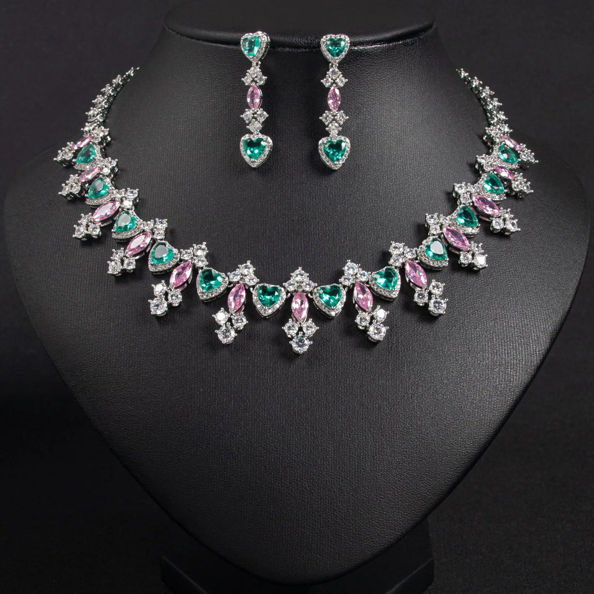 Luxury Emerald Pink Crystal Necklace and Earrings Jewelry Set