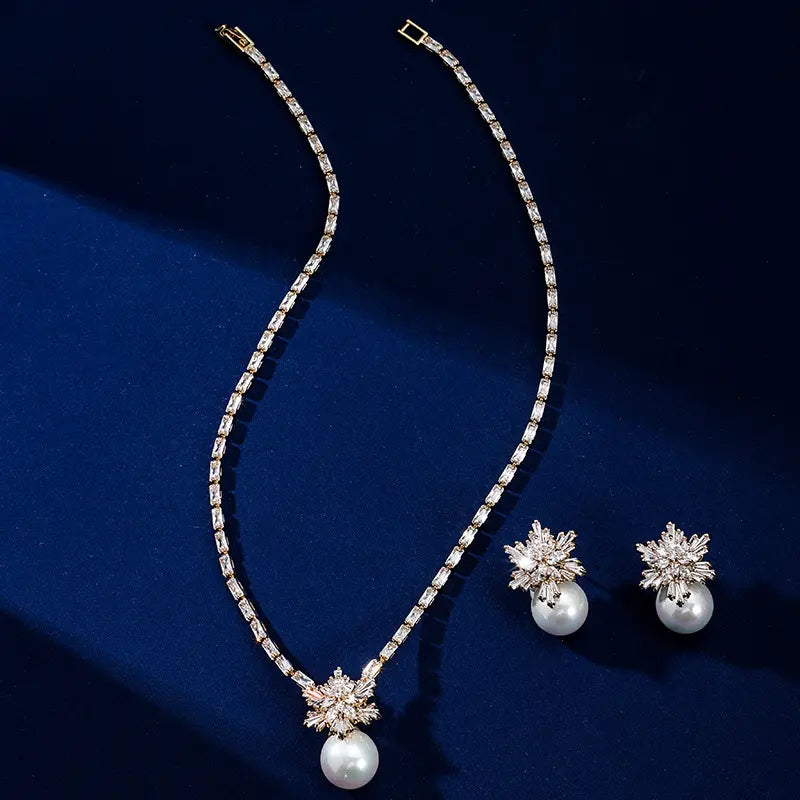 Parure de boucles d'oreilles et collier flocon de neige zircon perles haut de gamme