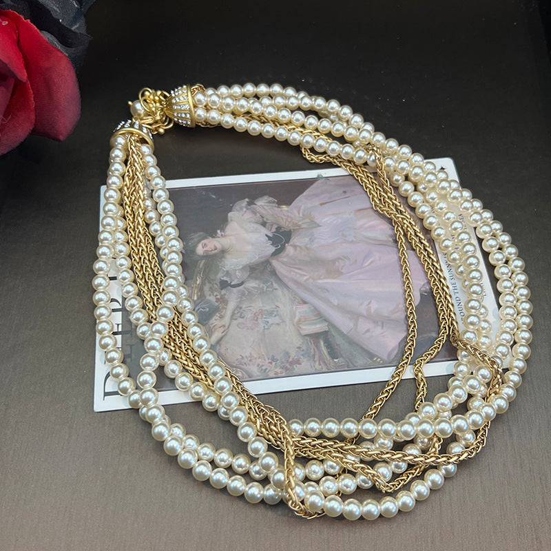 Tassel Pearl Necklace and Earrings Set in Retro Court Style Shijia Pearl Sweater Chain Necklace