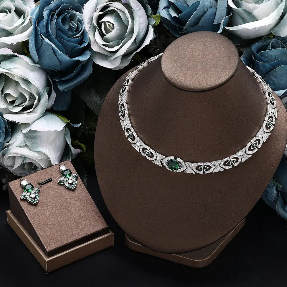Luxury Green Crystal Geometric Necklace Set Silver Tone Statement Jewelry Set Earrings for Women