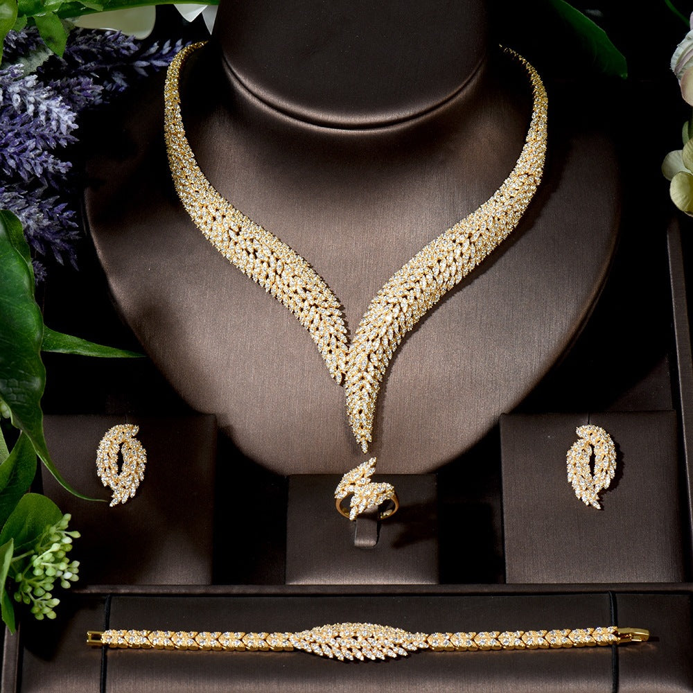 Luxury Gold Crystal Leaf Jewelry Set – Necklace Earrings Bracelet Ring for Women