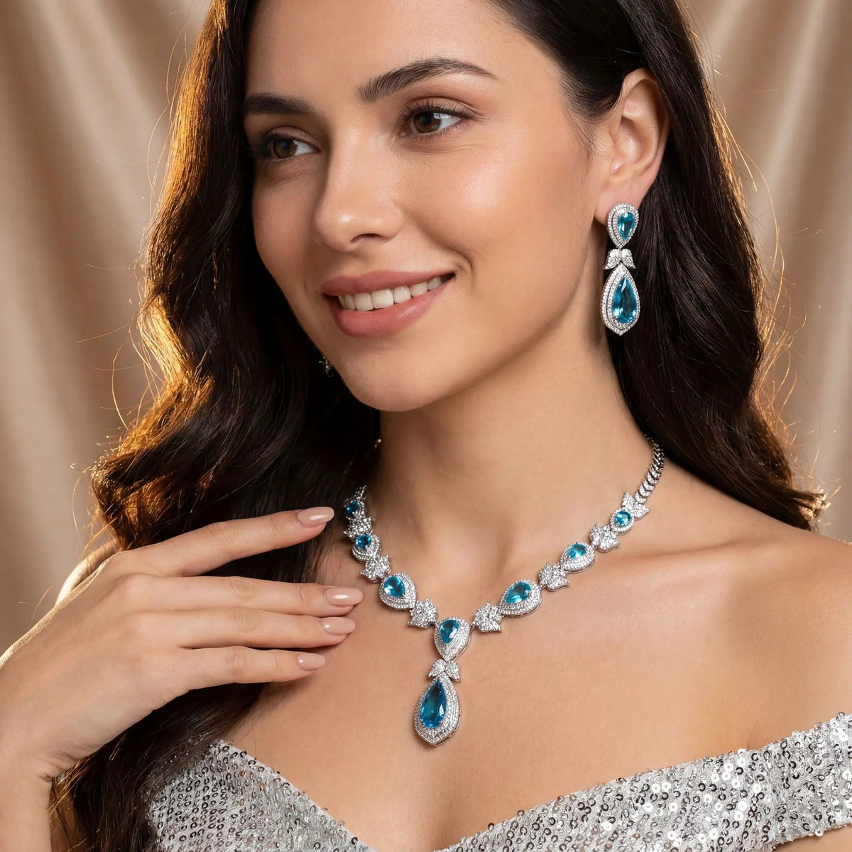 Luxury Red Teardrop Crystal Necklace and Earrings Jewelry Set for Women
