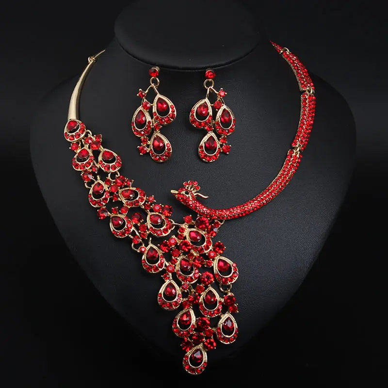 Luxury Multicolor Crystal Peacock Necklace and Earrings Jewelry Set