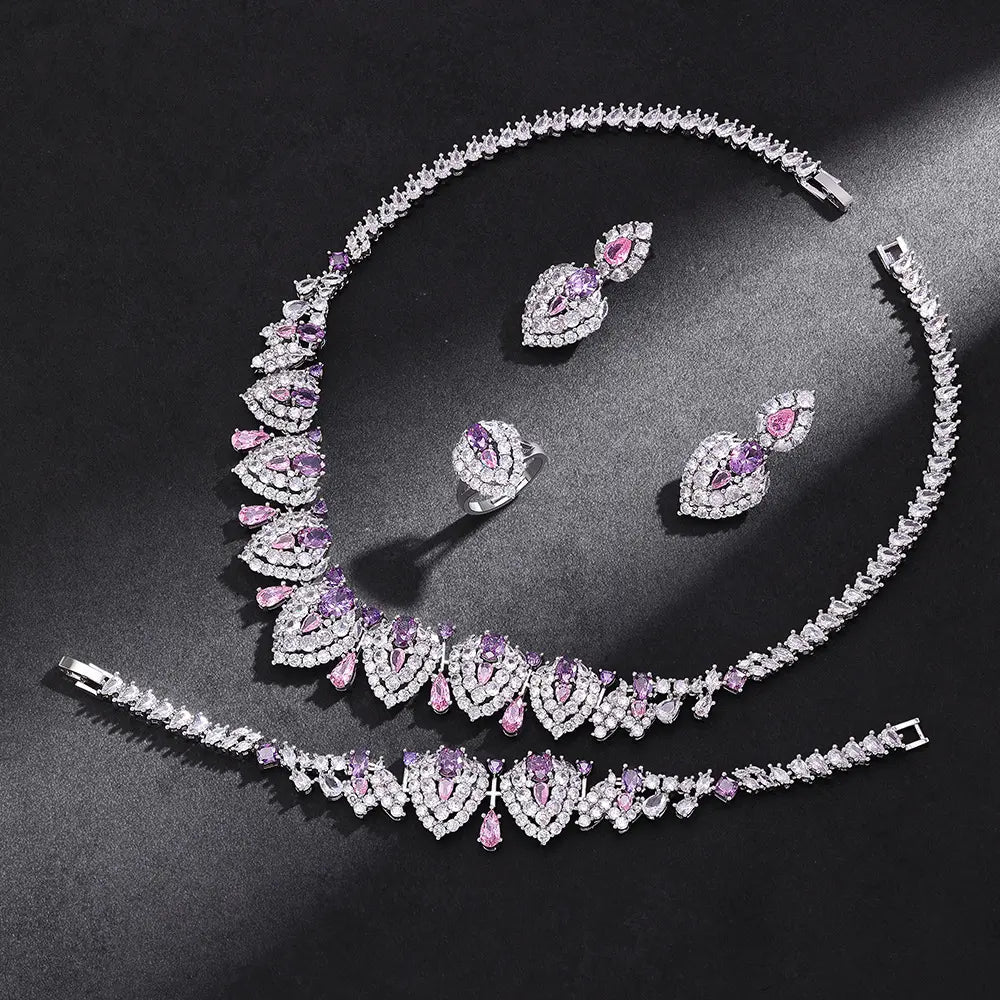 Luxury Heart Shape Crystal Jewelry Set Blue Pink Zircon Necklace Earrings Ring Bridal Statement Set for Women