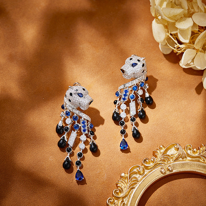 Gold-plated blue-eyed personalized leopard fringed earrings