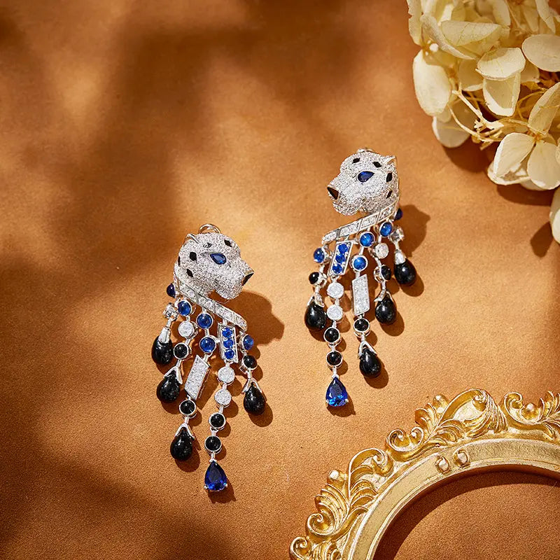 Boucles d'oreilles léopard personnalisées, plaquées or, aux yeux bleus et frangées