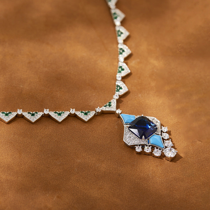 Gold-plated blue square gemstone necklace