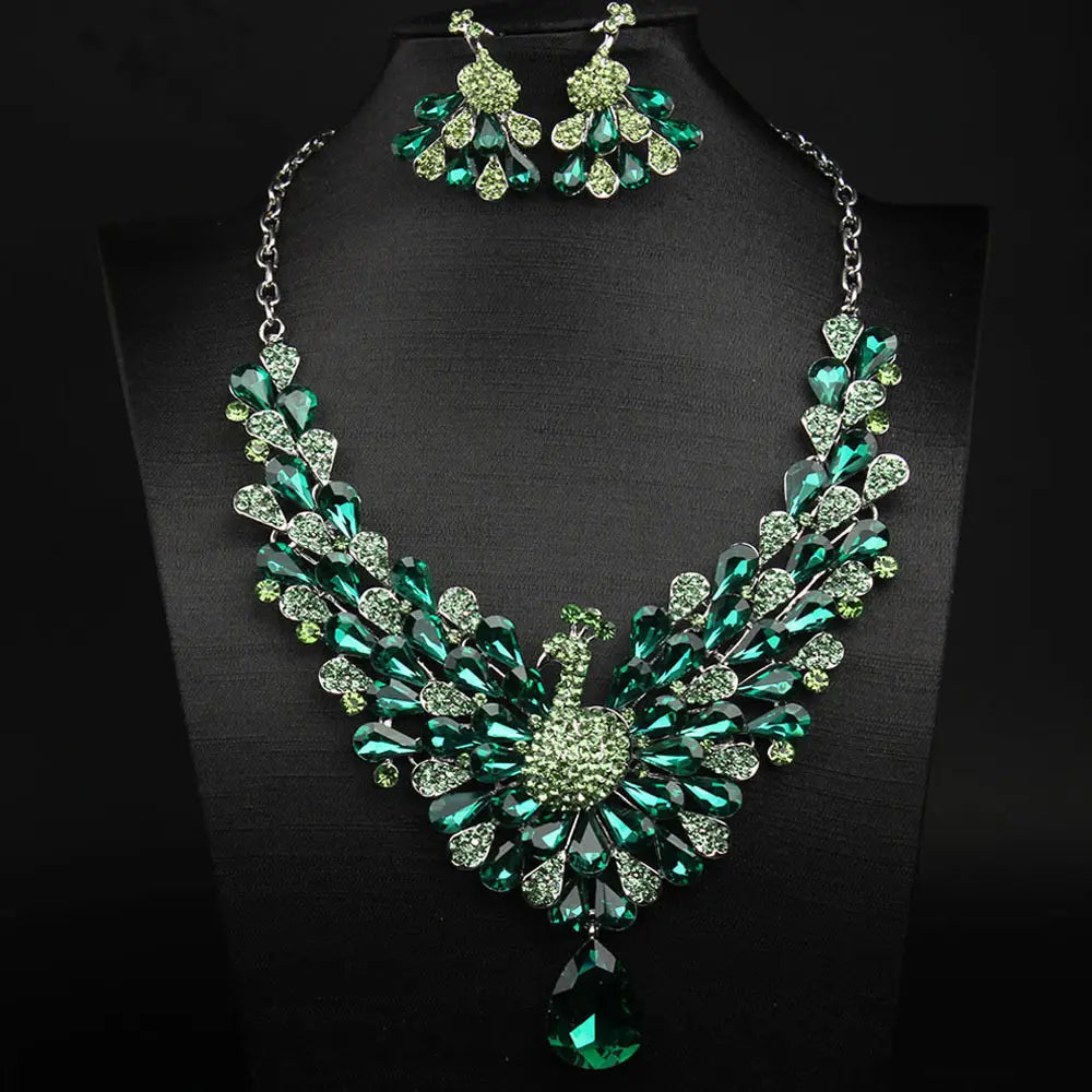 Luxury Emerald Green Peacock Crystal Necklace and Earrings Jewelry Set