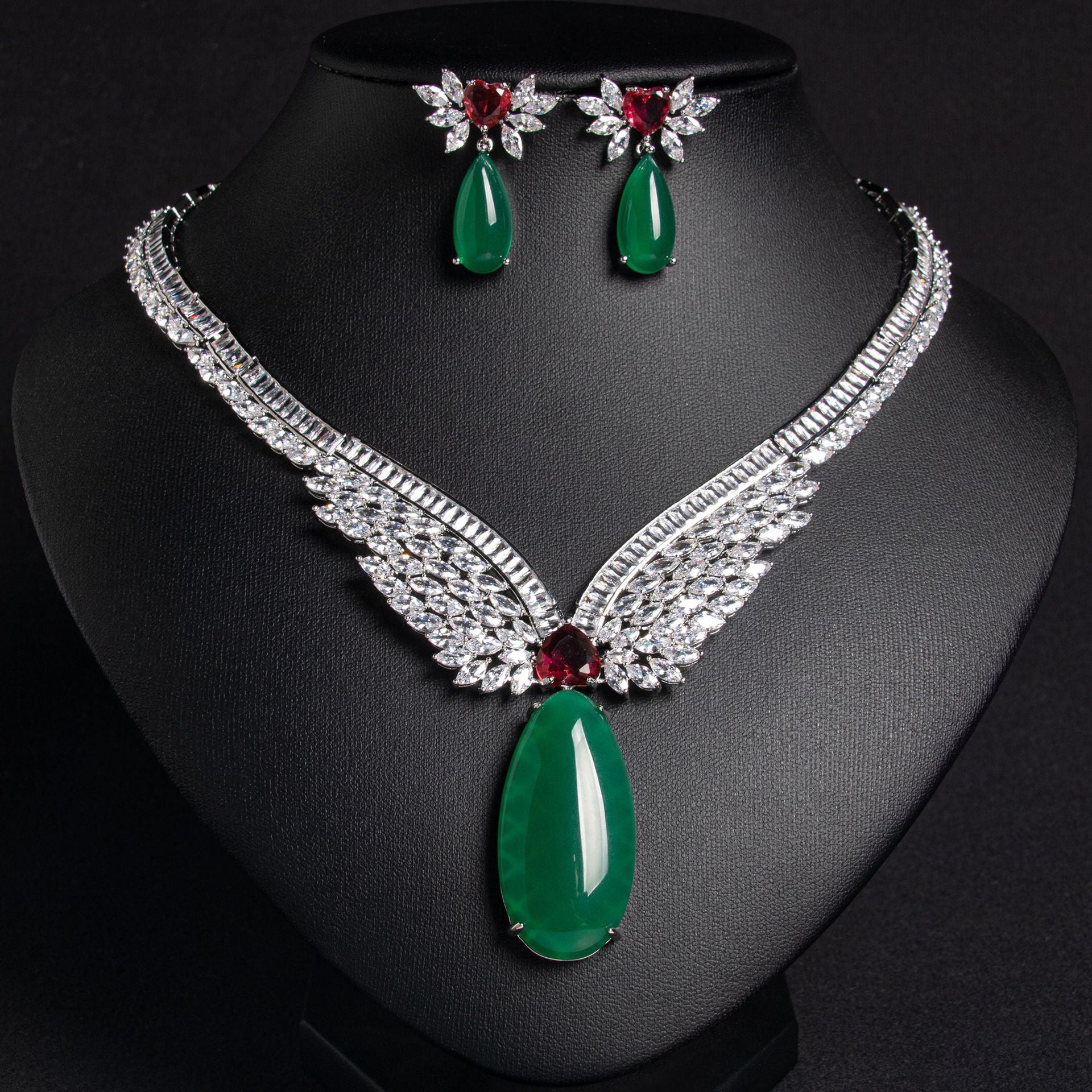 French Medieval Zircon Necklace Earrings Set Female Angel Wings