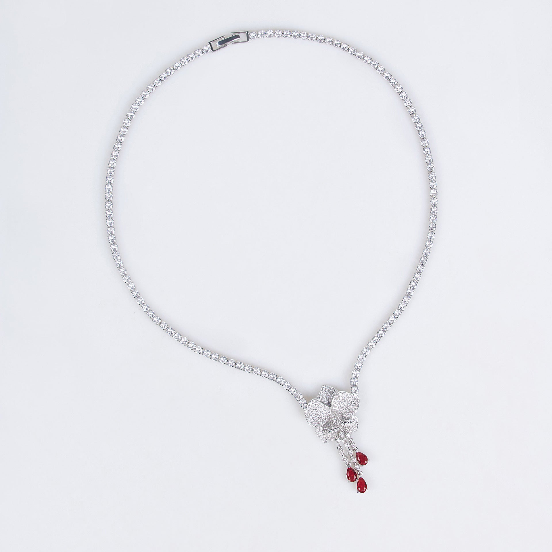 Luxury Silver Flower Ruby Drop Necklace Earrings Set – Elegant Jewelry for Women