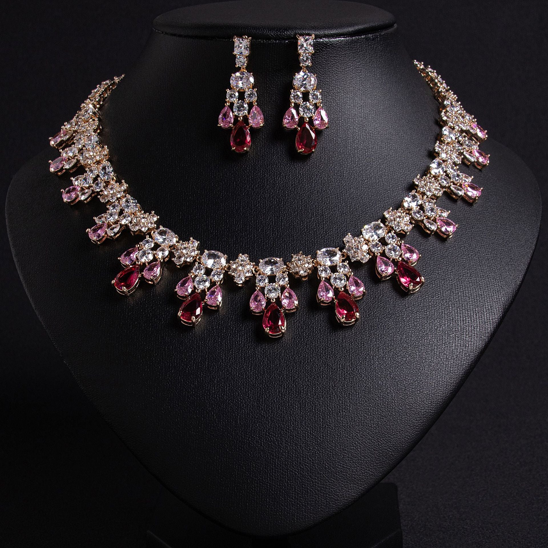 Luxury Ruby Red Flower Jewelry Set with Sparkling Crystals