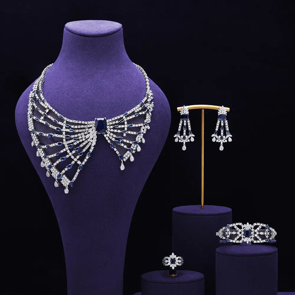 Luxury Red Crystal Bow Style Necklace Earrings Bracelet Ring Jewelry Set