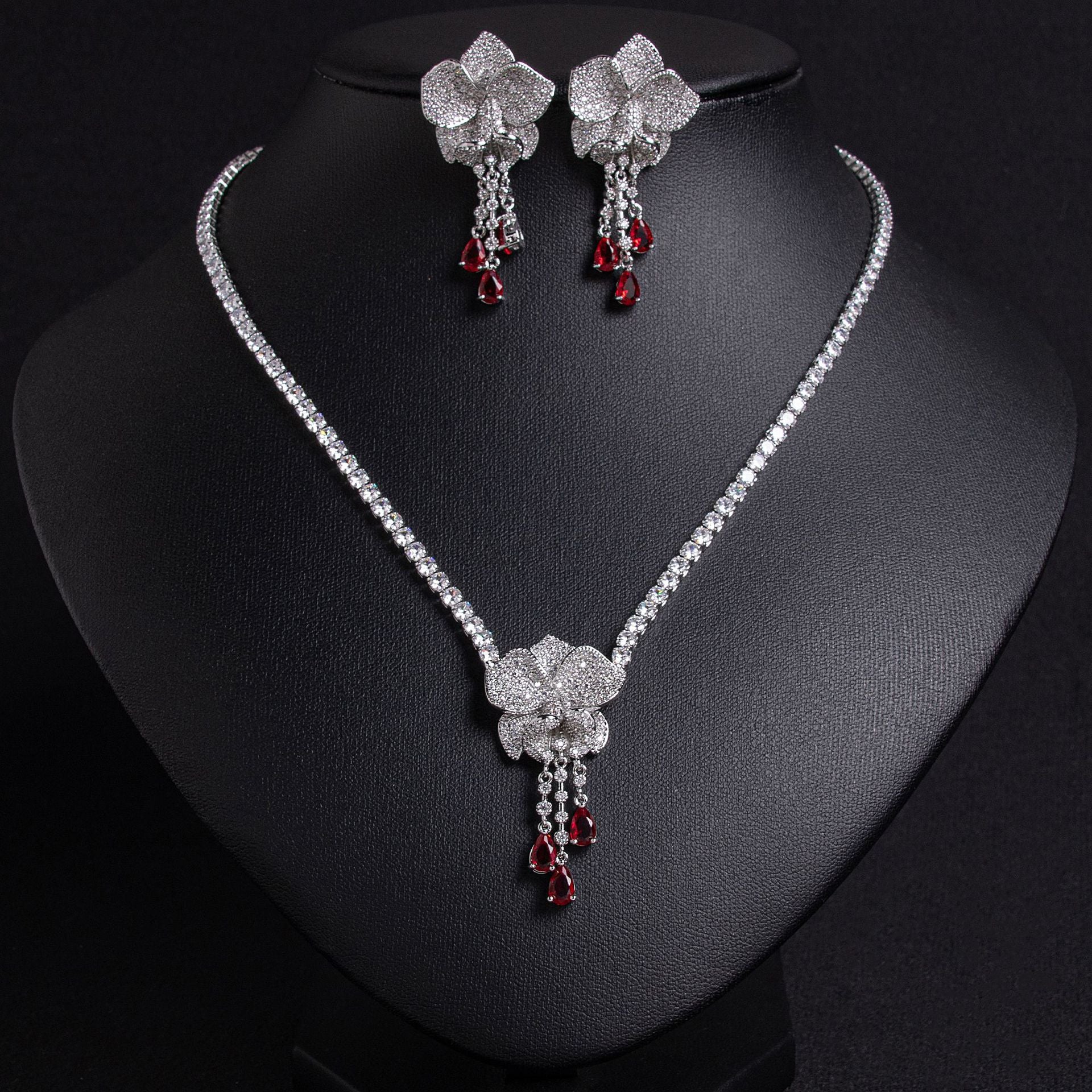 Luxury Silver Flower Ruby Drop Necklace Earrings Set – Elegant Jewelry for Women