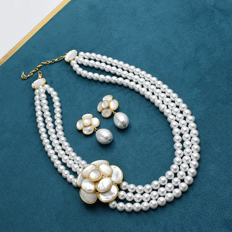 French retro natural white shell camellia pearl stud earrings necklace set