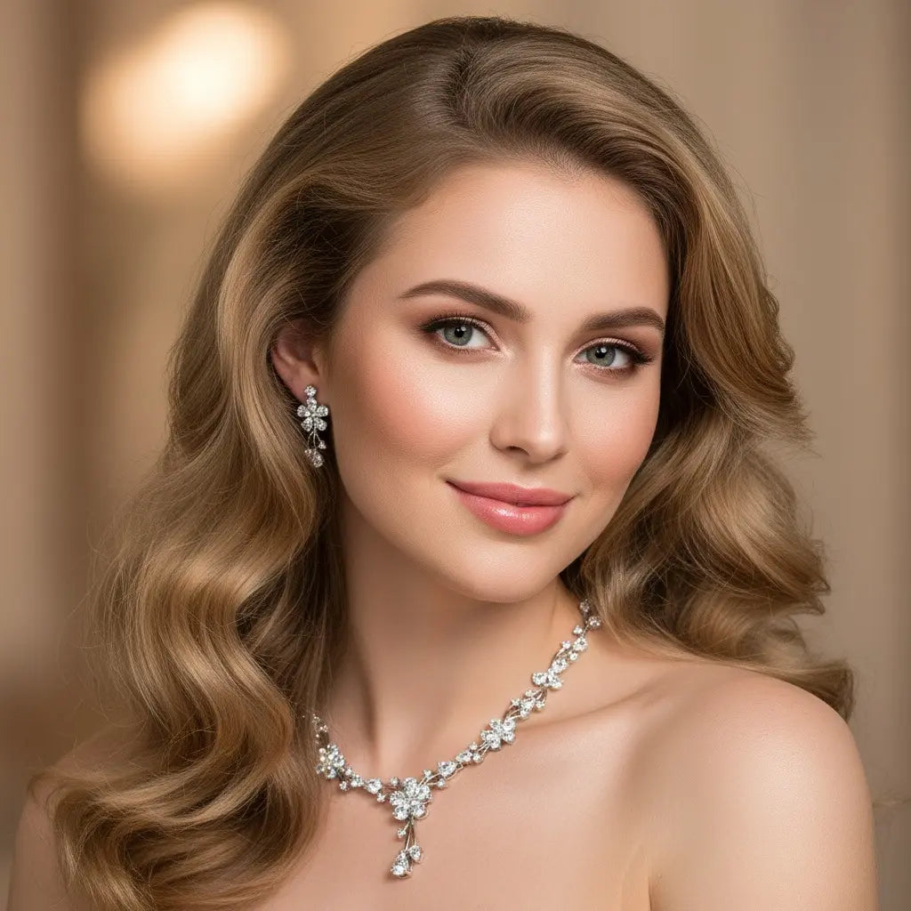 Elegant Silver Floral Crystal Necklace and Earrings Jewelry Set