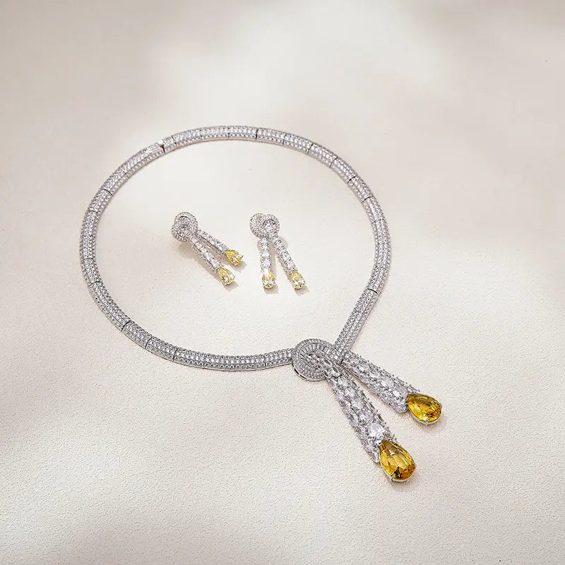 Luxury Pink Crystal Tassel Jewelry Set Necklace Earrings Elegant Circle Pendant Statement Set for Women