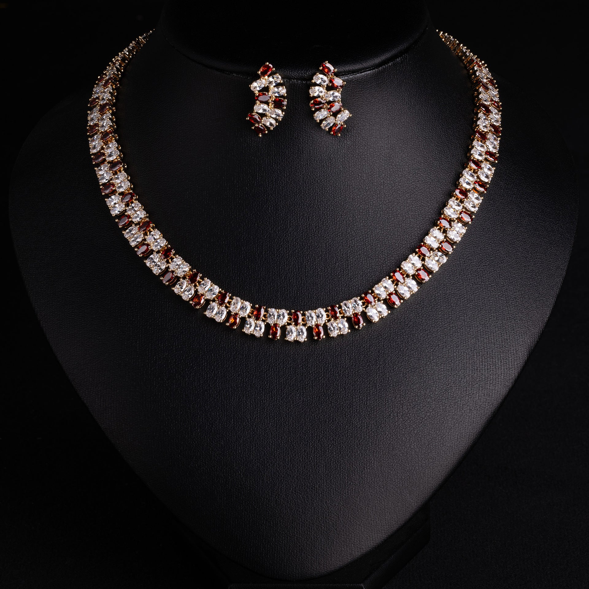 Elegant Ruby Red Crystal Necklace and Earrings Set for Evening Wear