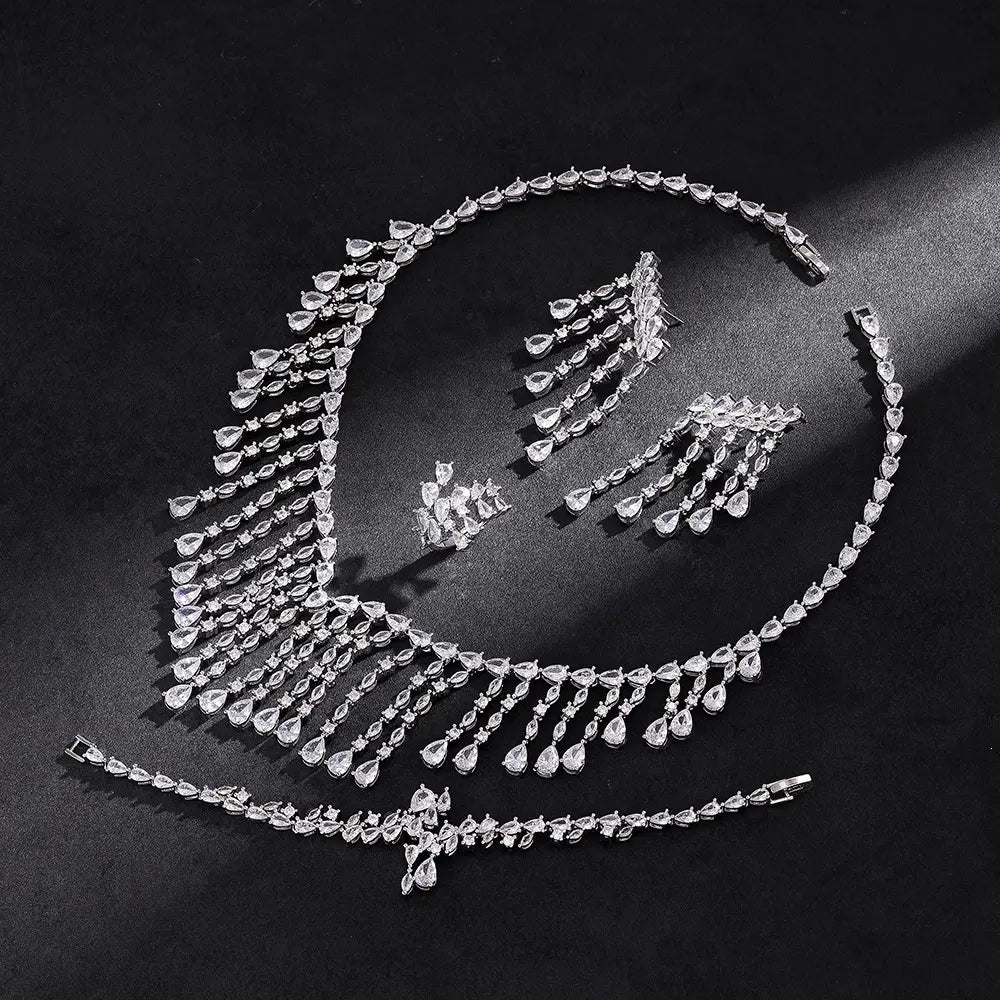 Luxury Silver Crystal Fringe Necklace Set Earrings Ring Bracelet Bridal Wedding Statement Jewelry for Women Elegant Sparkling Set