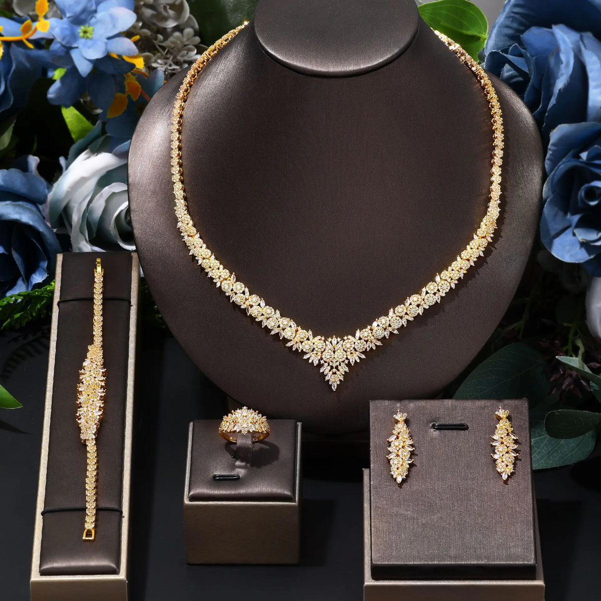 Luxury Gold Crystal Floral Jewelry Set Necklace Earrings Ring Bracelet Bridal Wedding Statement Jewelry for Women