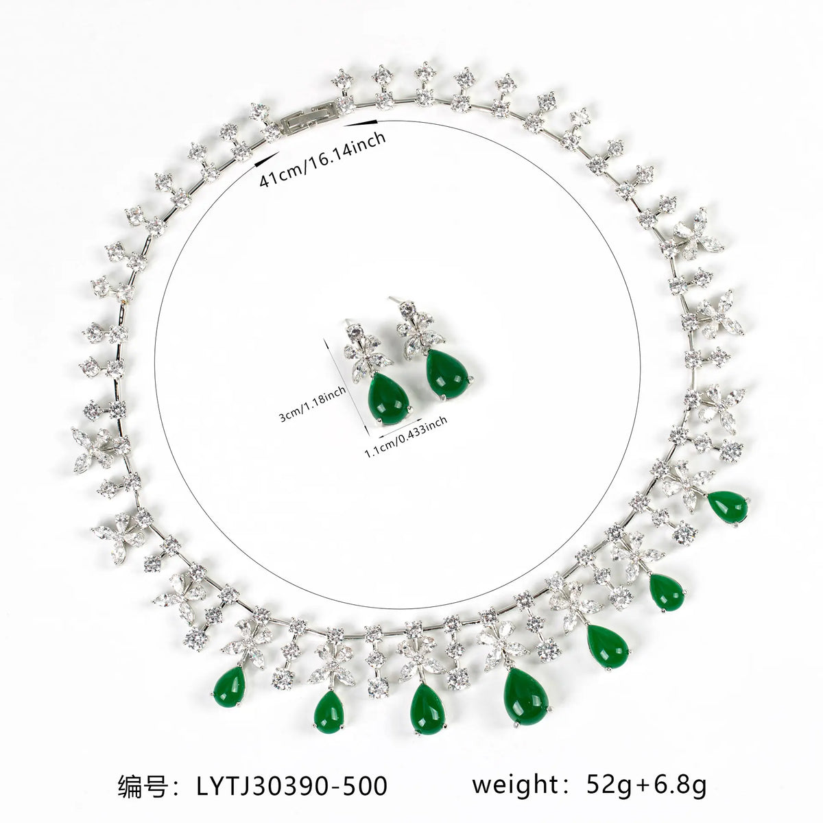 Elegant Emerald Crystal Flower Jewelry Set – Silver Necklace Earrings for Women