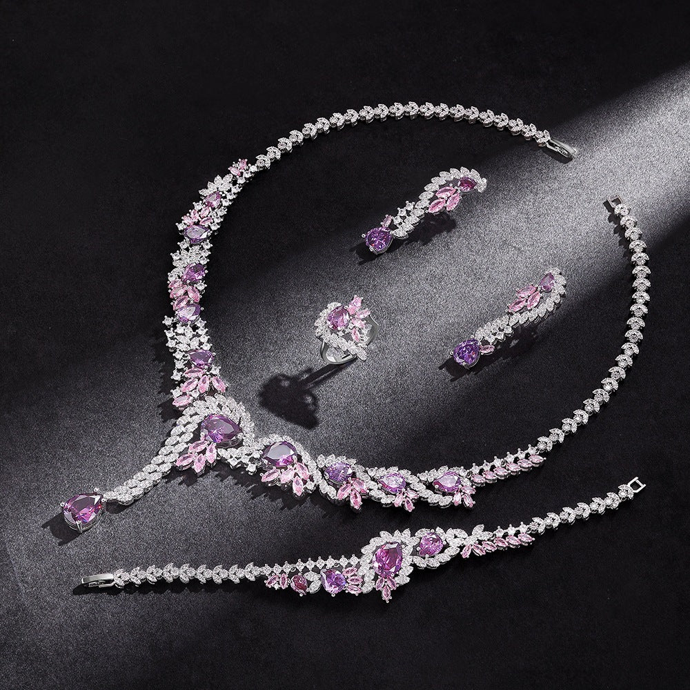 Luxury Pink Crystal Floral Jewelry Set – Necklace Earrings Bracelet Ring for Women