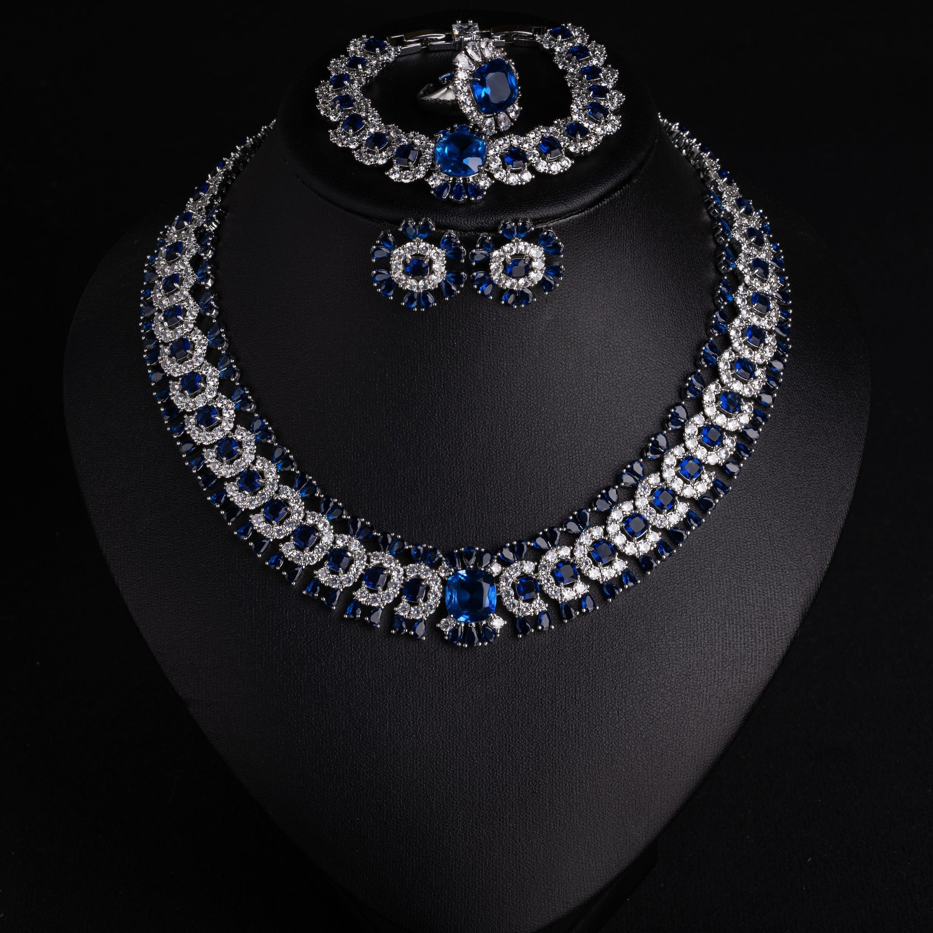 Luxury Royal Blue Sapphire Crystal Necklace Set with Diamond-Style Halo – Statement Jewelry for Women