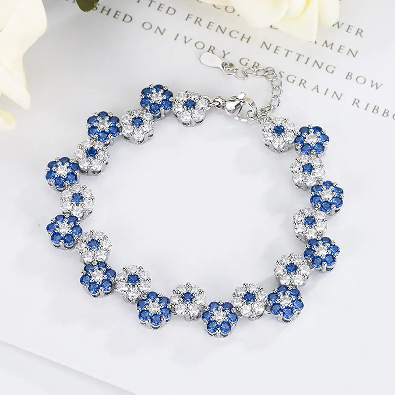 Parure de bijoux en forme de fleur de zircon bleu à la mode, collier, boucles d'oreilles et bracelet