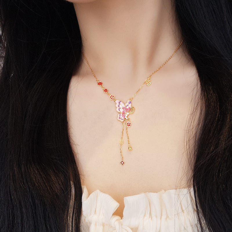 S925 sterling silver fringed enamel pink butterfly necklace