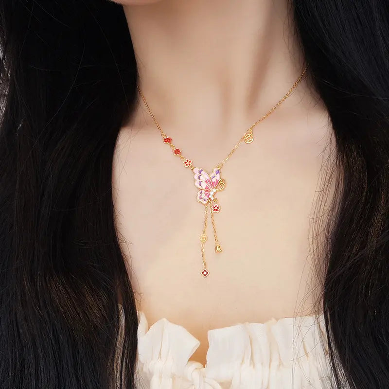 Collier papillon rose en émail et argent sterling S925 avec franges