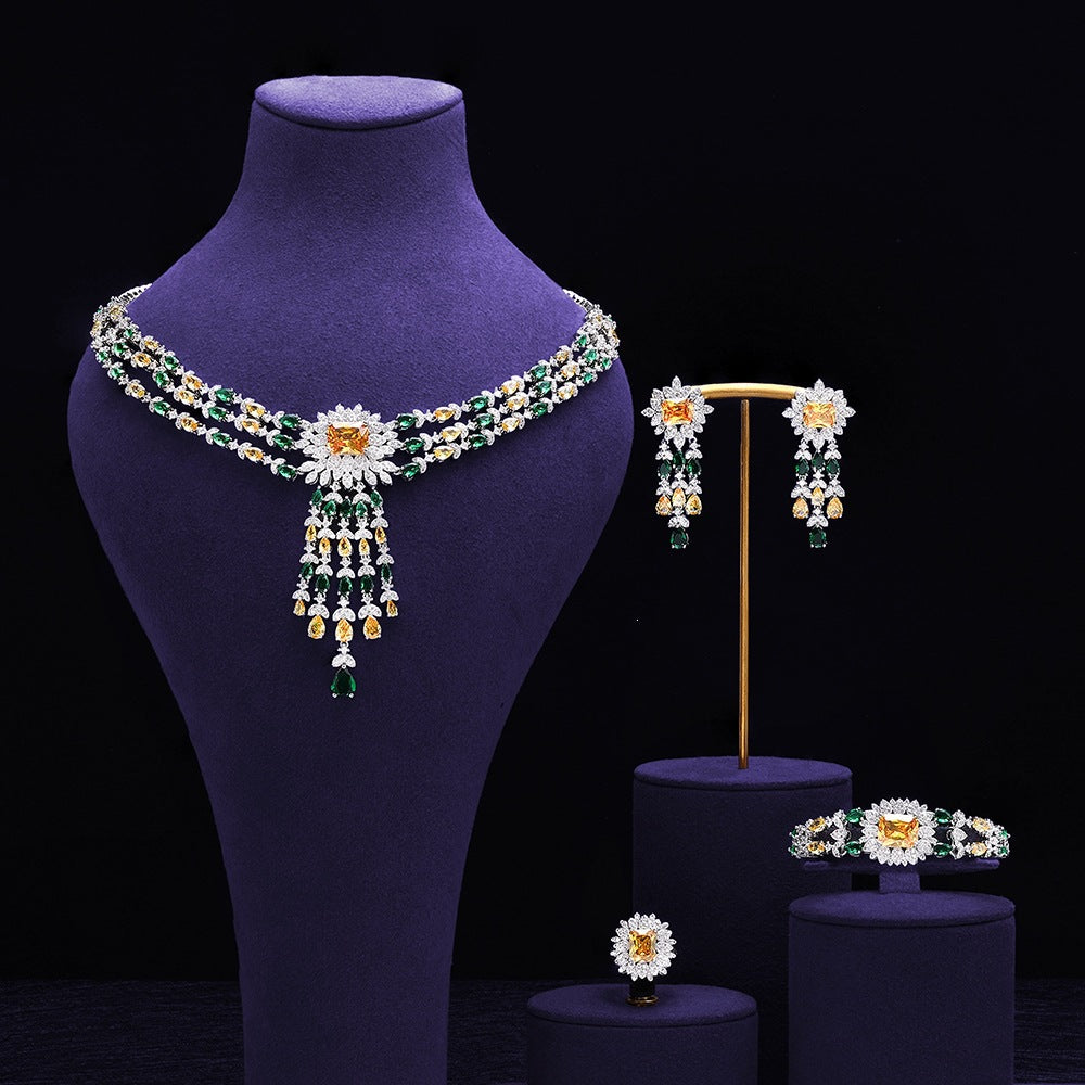 Luxury Green Crystal Necklace Earrings Bracelet Ring Jewelry Set