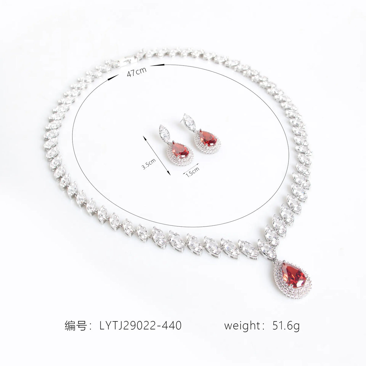 Parure de bijoux de luxe en cristal rouge larme – Style élégant pour mariée