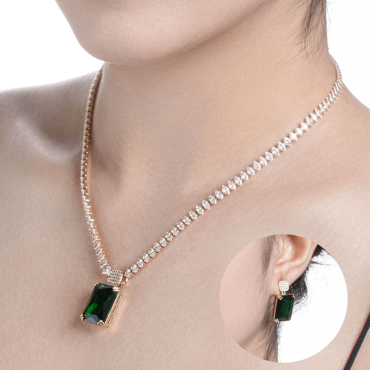 Luxury Emerald Green Rectangular Gemstone Necklace Set for Women – Matching Drop Earrings