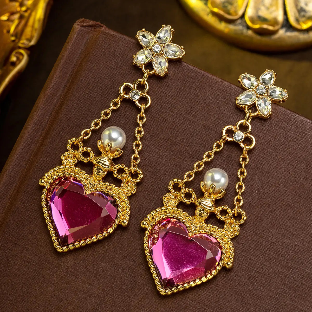 Boucles d'oreilles pendantes de luxe en cristal cœur rose et perles pour femmes