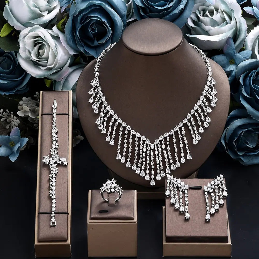 Luxury Silver Crystal Fringe Necklace Set Earrings Ring Bracelet Bridal Wedding Statement Jewelry for Women Elegant Sparkling Set